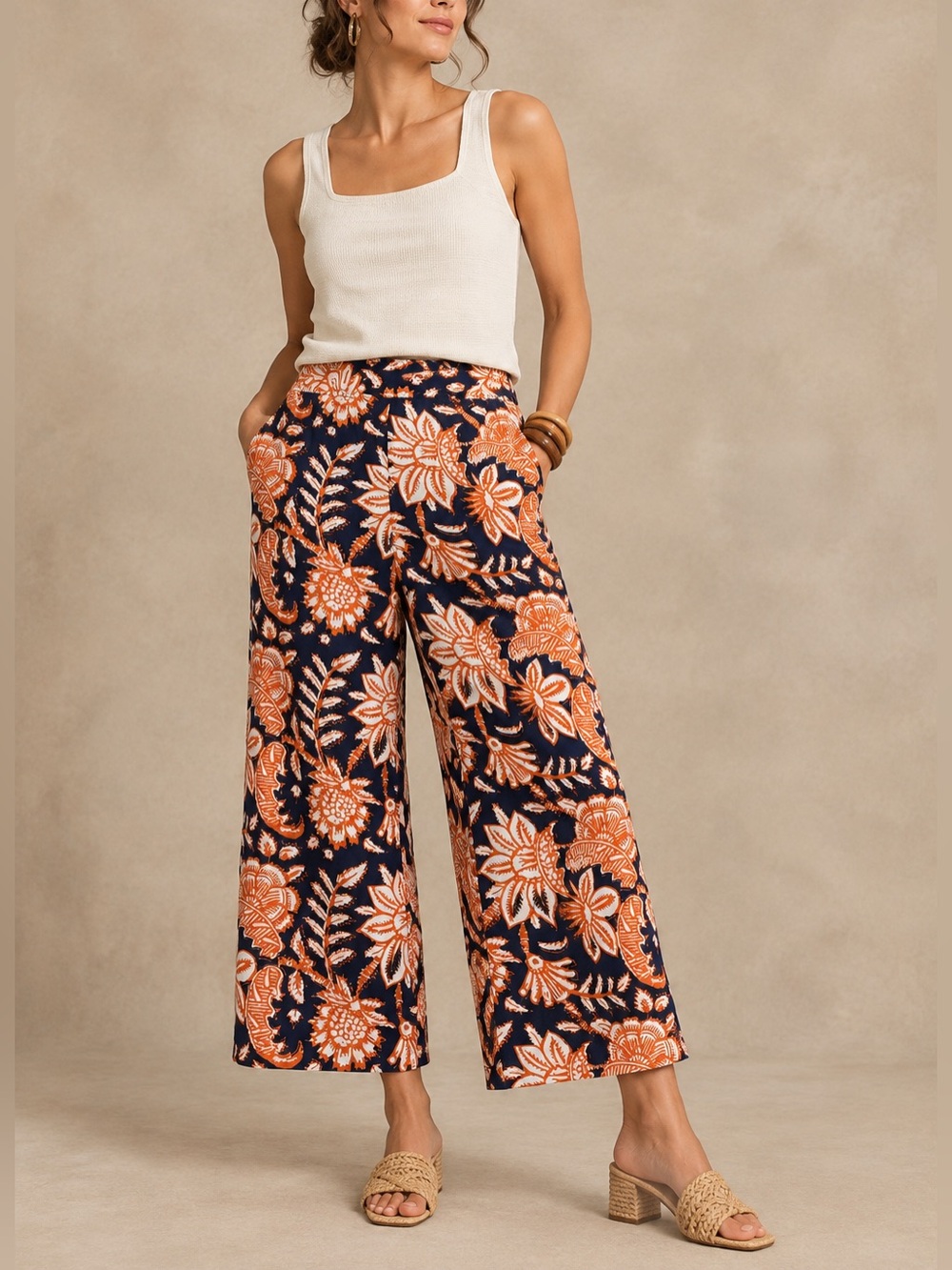 Christian Siriano L Navy Orange Floral Linen Blend Wide Leg Cropped Pants